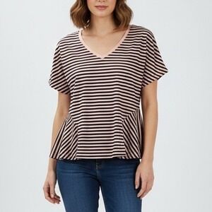 BP. Striped Peplum V Neck T‎ Shirt Top Pink Black Womens Size S